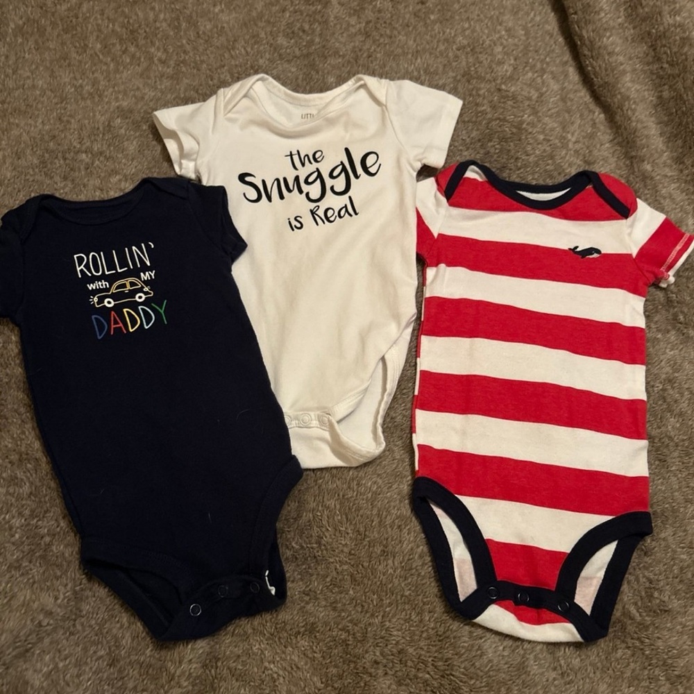 Lot bundle of 3 infant boys summer onesies 6 months red white blue, white & navy